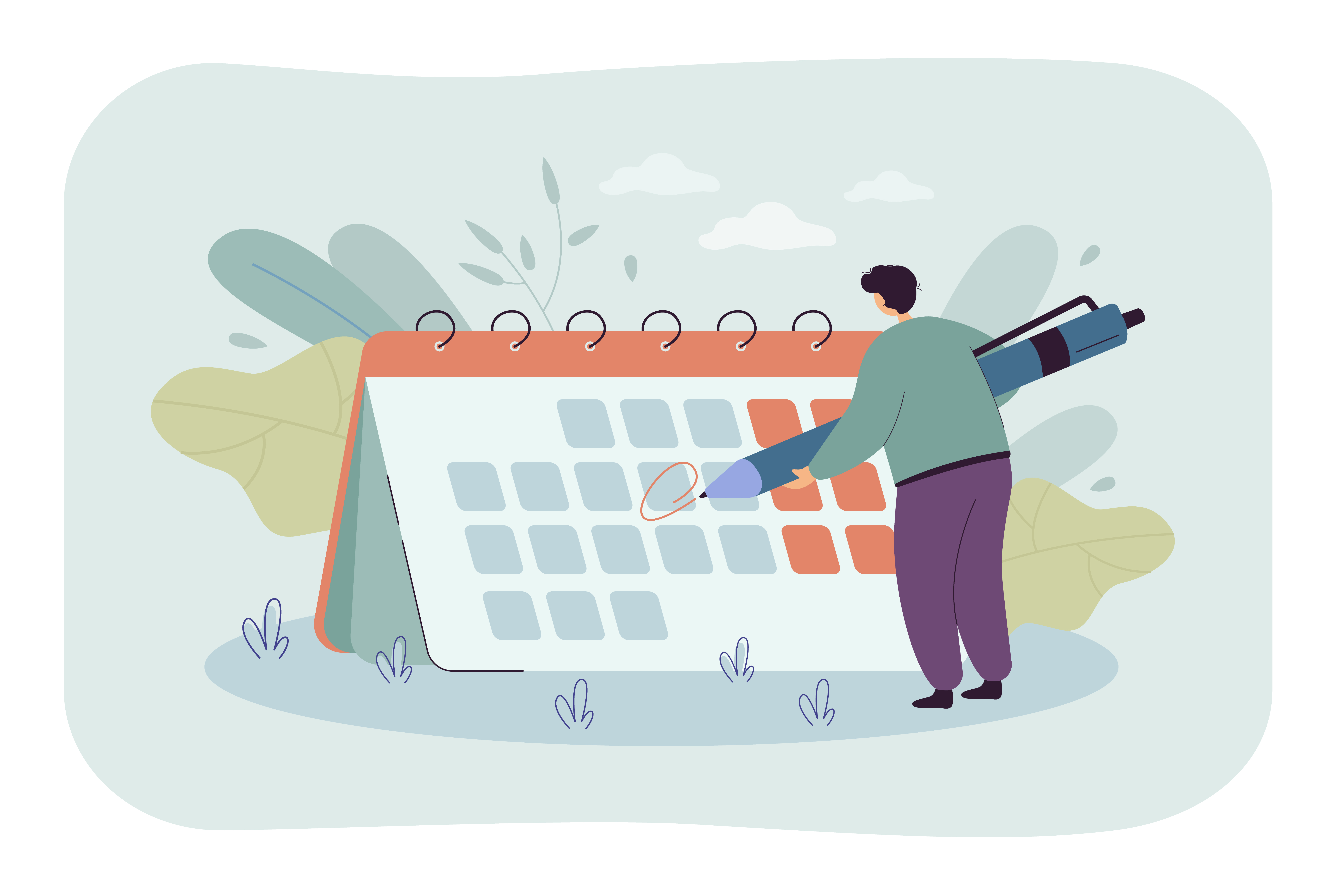 Tiny man in front of giant calendar cartoon vector illustration. Person highlighting specific date on schedule with giant pen. Events, agendas, deadlines checking. Planning, time management concept